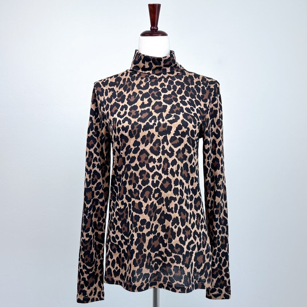 J. Crew Chic Leopard Brown Long Sleeve 100% Cotton Tissue Turtleneck Top MEDIUM